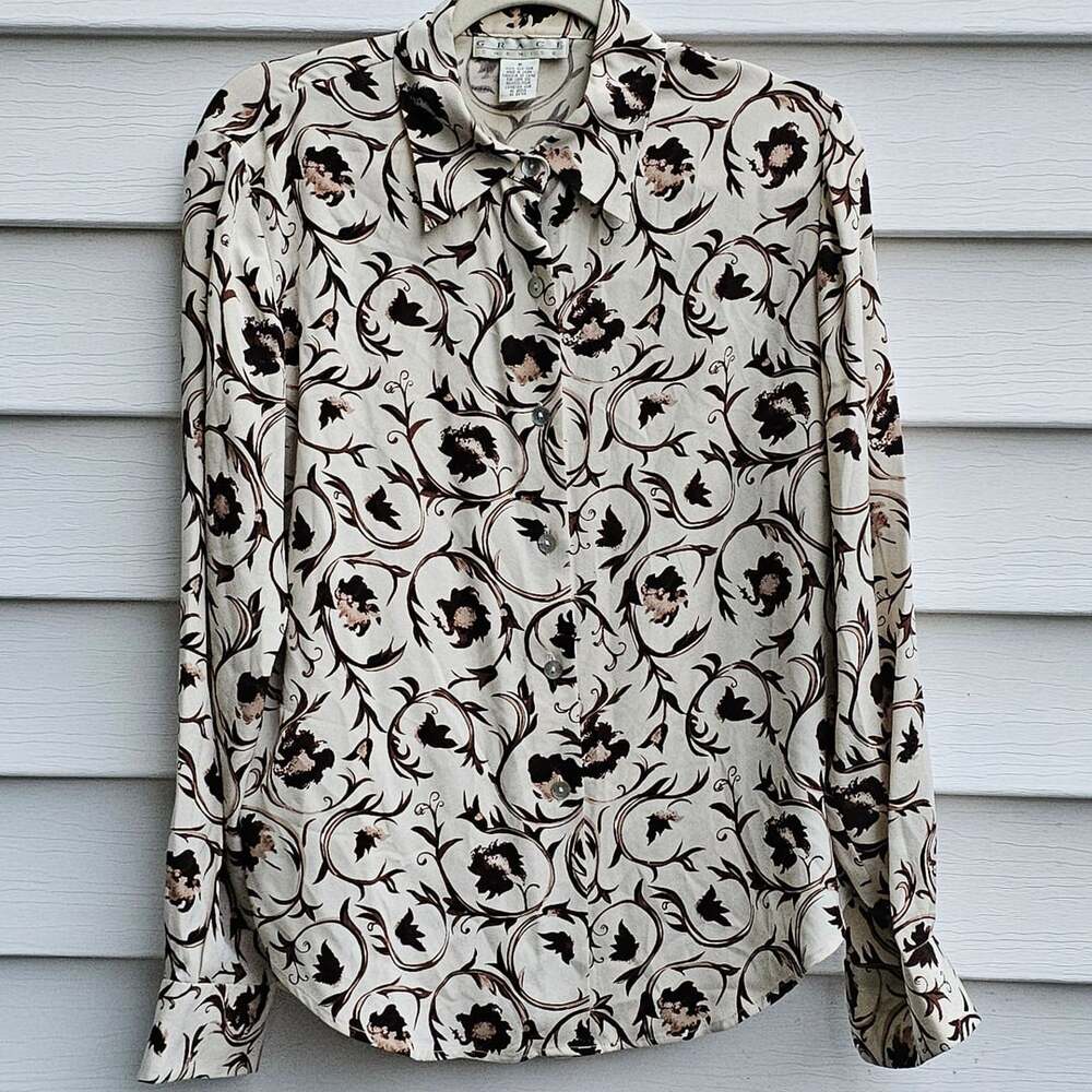 Grace Chemise Women M Floral Tie Neck Blouse Cream Brown Y2K Romantic Shirt
